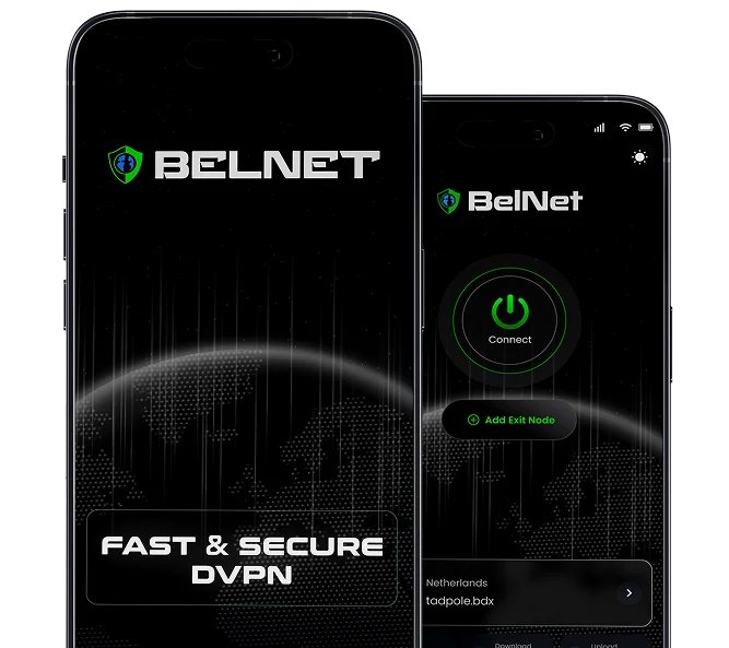 Two smartphones display the **BELNET** VPN app interface, featuring a green power "Connect" button, an "Add Exit Node" option, and a Netherlands server (tcdcpole.bdx), alongside a "FAST & SECURE DVPN" splash screen with a dotted globe graphic—visually reinforcing the post's message about decentralized routing through private nodes rather than a single encrypted tunnel.