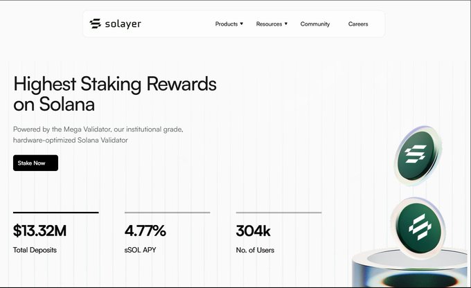 A webpage header for Solayer promoting 'Highest Staking Rewards on Solana' with $13.32M in total deposits, 4.77% sSOL APY, and 304k users.