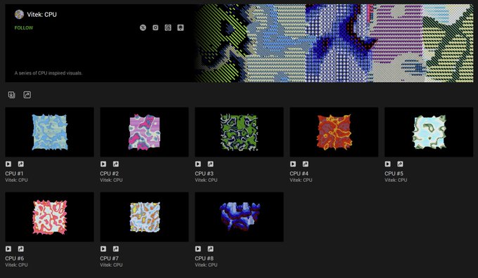 A webpage for Vilek: CPU displays a series of abstract, colorful, CPU-inspired digital art pieces labeled CPU #1 through CPU #8.