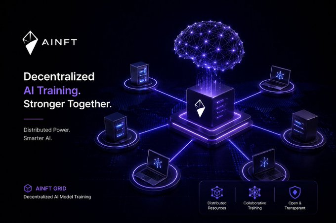 An advertisement for AINFT featuring the text 'Decentralized AI Training. Stronger Together. Distributed Power. Smarter AI.' with a visual of a brain connected to networked computers and servers.