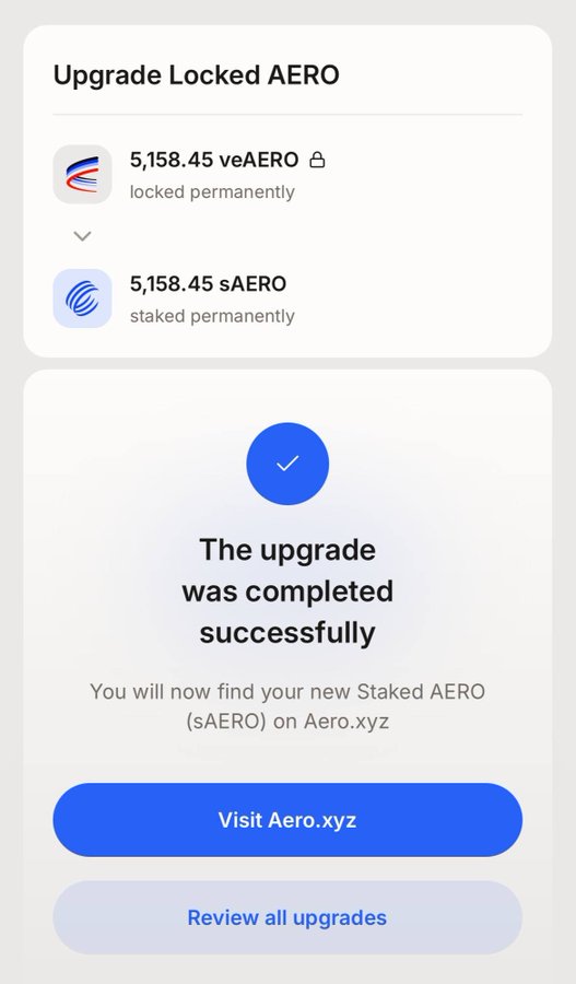 A crypto upgrade confirmation screen showing “5,158.45 veAERO,” “5,158.45 sAERO,” and the message “The upgrade was completed successfully,” with buttons for “Visit Aero.xyz” and “Review all upgrades.”