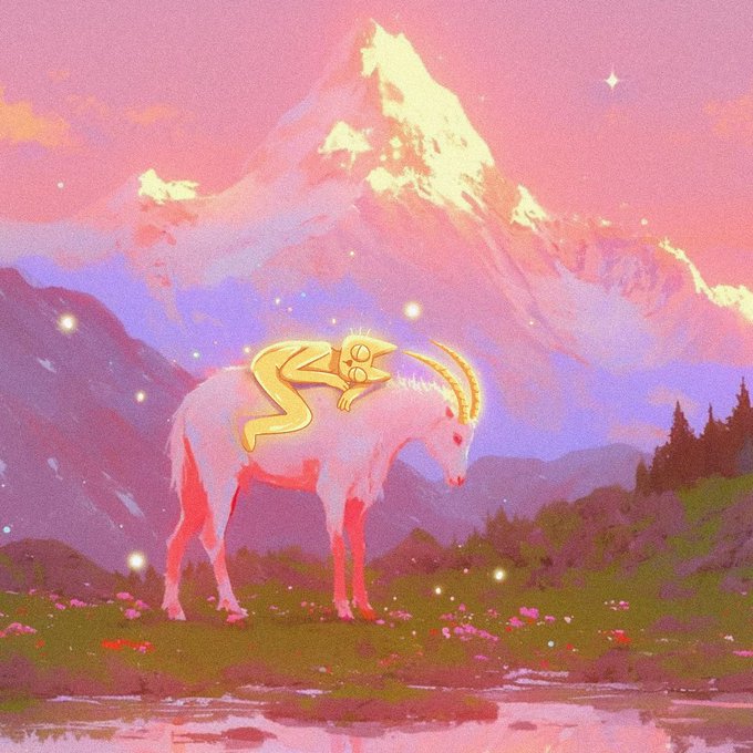 A digital illustration with a pink and purple color palette depicting a glowing creature riding a horned animal in a field, with a large mountain in the background.