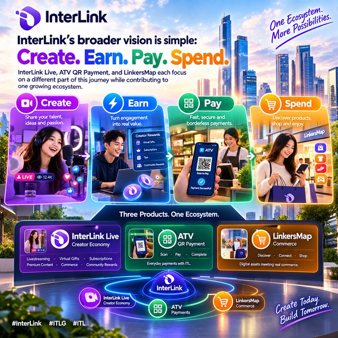 Promotional graphic for InterLink's ecosystem, featuring the tagline 'Create. Earn. Pay. Spend' and highlighting three products: InterLink Live (Creator Economy), ATV (QR Payment), and LinkersMap (Commerce), set against a city skyline backdrop with the hashtag #ITLG and token $ITL.