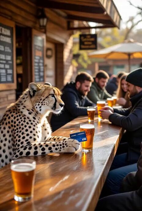 The image features a cheetah sitting at a bar with several people around, including one person holding a beer glass. There are multiple glasses of beer placed on the table as well. The scene appears to be set outdoors or in an open area where there is a tent visible in the background.