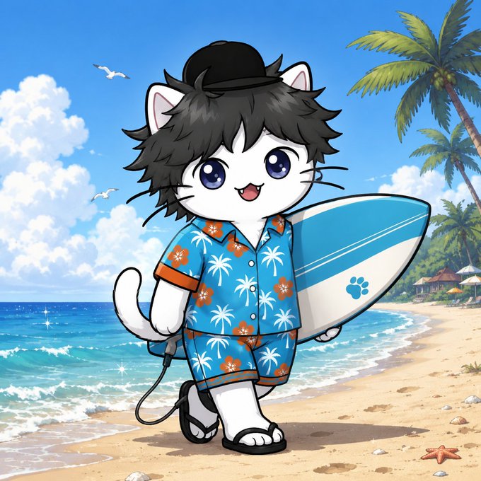 An anime-style illustration of a cute white cat character wearing a black hat, blue Hawaiian shirt, and sandals, holding a surfboard on a tropical beach with palm trees and ocean waves.