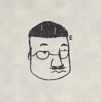 A simple line drawing of a man's face with a flat-top haircut, glasses, and a wavy mustache, with small motion lines near his head.