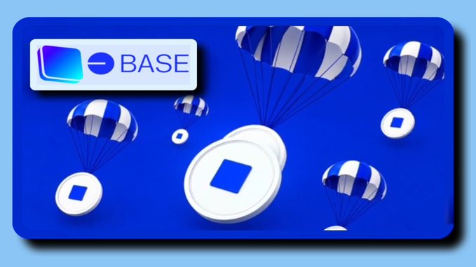 A blue promotional graphic features the Base logo in the top left corner with white coins parachuting down against a blue sky background.