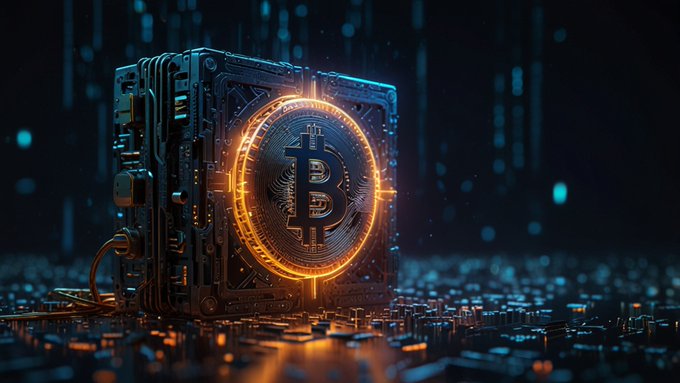 A glowing orange Bitcoin symbol is embedded in a futuristic metallic cube resting on a circuit board surface, set against a dark blue digital background.