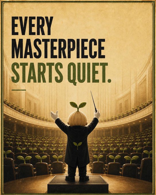 A vintage-style poster shows a small figure with a plant/seedling for a head standing on a conductor's podium with arms raised, facing an audience whose heads are also sprouting leaves, with the text "EVERY MASTERPIECE STARTS QUIET." The whimsical "seed-headed conductor leading a plant audience" imagery playfully ties into the "$seedcoin coded af" post, suggesting that the quiet beginnings of great things—much like a seed—align with the early, understated stage of a meme coin.
