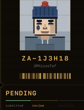 A pixel art character wearing a blue beanie displayed in a NFT submission interface with ID 'ZA-1J3H18' by '@PhizzoTof', status 'PENDING'.