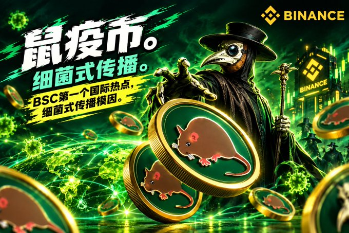 A Binance promotional image features a plague doctor figure in a beaked mask and top hat amid green virus particles and floating coins depicting rats, with the Chinese text "鼠疫币" (Plague Coin) and "细菌式传播" (bacterial-style spread) alongside the Binance logo. The accompanying post introduces the $PLAGUE meme coin on BSC, launching October 6 at 18:00 on Flap, with community airdrops of 300 million PLAGUE tokens and plans to donate transaction taxes to global bacterial disease prevention organizations.