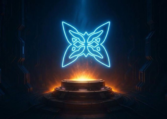 A glowing blue neon butterfly emblem hovering above a circular sci-fi pedestal illuminated by warm orange light in a dark, futuristic chamber.