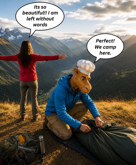 An AI-generated image shows a woman looking out over a mountain valley saying 'Its so beautiful! I am left without words', while a figure wearing a blue hoodie and a giraffe mask kneels to set up a tent, saying 'Perfect! We camp here.'
