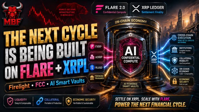 A promotional graphic for "MBF" (Markets Are Down, Infrastructure Is Being Built) featuring a bold headline that reads "THE NEXT CYCLE IS BEING BUILT ON FLARE + XRPL," highlighting Flare 2.0, Firelight, FCC, AI Smart Vaults, and XRP Ledger integration with tickers FXRP, stXRP, and RLUSD displayed alongside an "AI Confidential Compute" on-chain economy graphic.