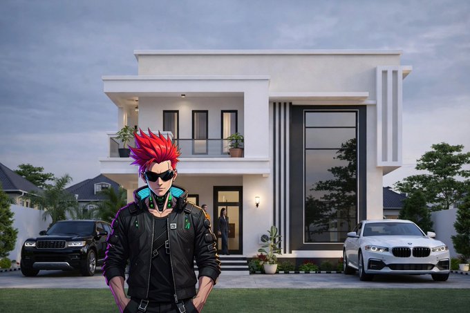 An anime-style character with spiky red and pink hair, sunglasses, and a black jacket with glowing accents stands confidently in front of a modern white two-story house flanked by a black SUV and a white BMW.