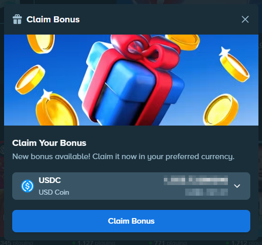 A "Claim Bonus" popup displays a gift box and coins with a USDC (USD Coin) currency option selected, prompting the user to "Claim Your Bonus" before retweeting about their monthly bonus tip. The interface suggests the user is about to reveal their Monthly Bonus amount in their preferred cryptocurrency.