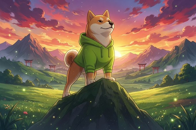 A vibrant anime-style illustration of a Shiba Inu dog wearing a green hoodie standing triumphantly on a rocky hill against a sunset landscape with mountains and torii gates.