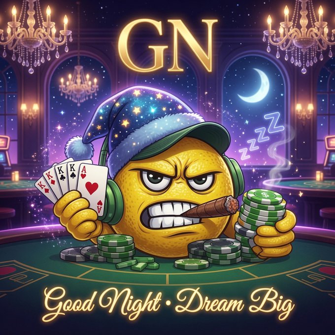 A 'GN - Good Night, Dream Big' illustration featuring a cartoon lemon character wearing a nightcap and headphones, holding playing cards, a cigar, and poker chips in a casino setting.