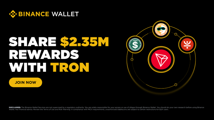 A Binance Wallet promotional banner advertising "SHARE $2.35M REWARDS WITH TRON," featuring the Tron (TRX) logo alongside partner platform icons (USDD, JUST, SUN), with a yellow "JOIN NOW" call-to-action button—visually reinforcing the launch of TRON Carnival Season 2's boosted DeFi pools and $2.35M reward pool.