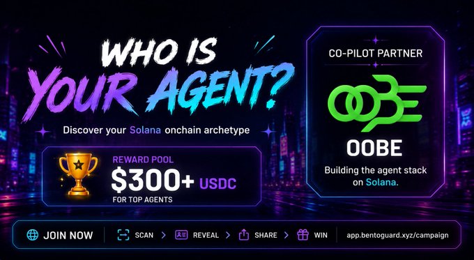 A promotional banner reading 'WHO IS YOUR AGENT?' for a Solana onchain archetype campaign, featuring a 'REWARD POOL $300+ USDC' and highlighting a co-pilot partner 'OOBE'.