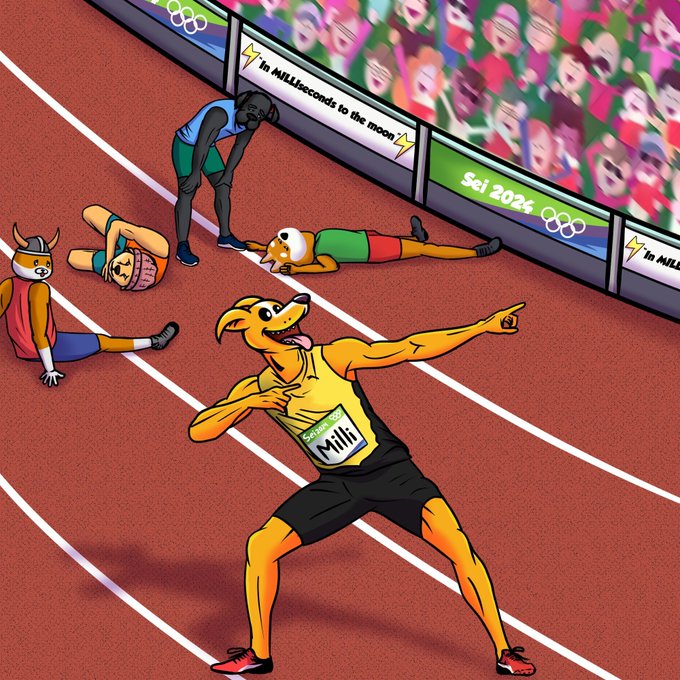 A cartoon kangaroo athlete in a yellow 'Mili' jersey pointing forward on a track labeled 'Sei 2024' and 'In MILLIseconds to the moon'.