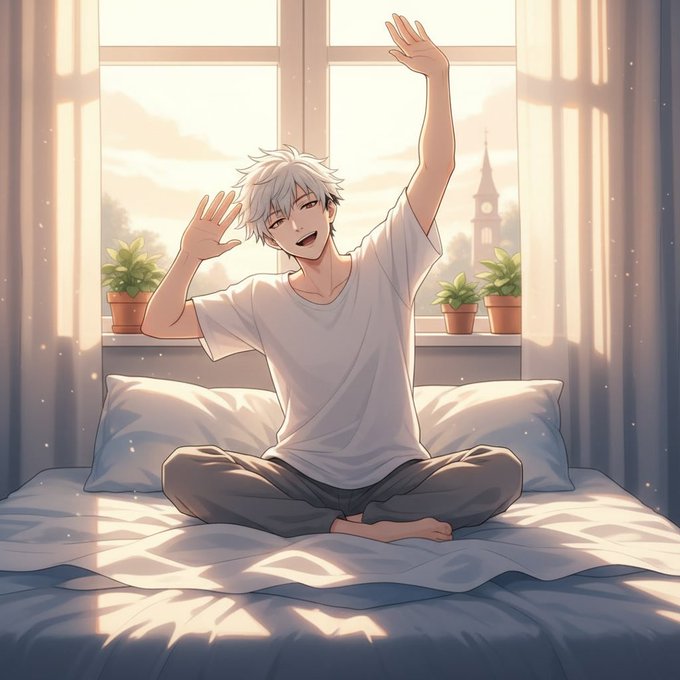 An anime-style illustration of a white-haired young man in a white t-shirt sitting cross-legged on a bed, stretching his arms upward in front of a bright window.