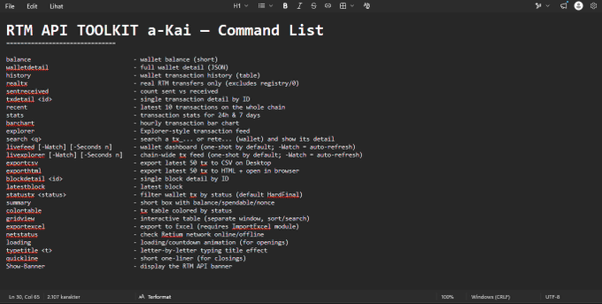 A screenshot of a code editor displays a "RTM API TOOLKIT a-Kai – Command List" in monospaced text, detailing commands like `walletbal`, `history`, `tsxdetail`, and `explorer`, along with their parameters and descriptions for interacting with the Retium blockchain. The image supports the post by showcasing the user-developed PowerShell toolkit for real-time transaction feeds and live dashboards on Retium's devnet.