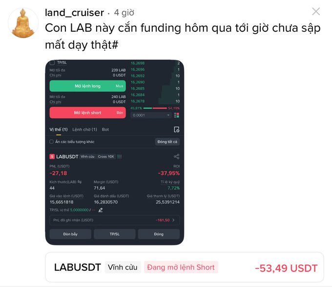 A screenshot of a computer screen displaying a financial data table for a LAB company, with a post about the company on social media by a user named "land-crioser".