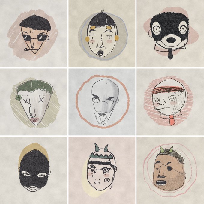 A 3x3 grid of nine quirky, hand-drawn faces with exaggerated features on textured backgrounds, including characters wearing sunglasses, a ski mask, a balaclava, X's over eyes, a headband, and various horned or bald heads.