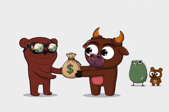 A cartoon illustration showing a brown bear in sunglasses exchanging a bag of money with a brown horned creature, while two smaller cartoon characters watch from the side.