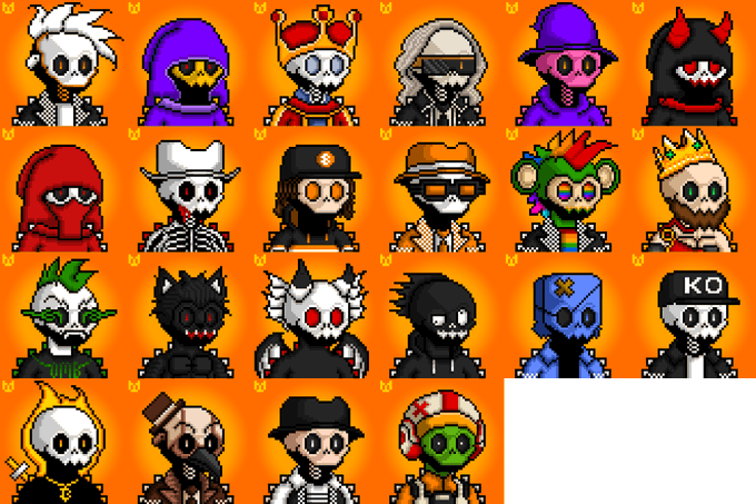 A pixel art collage featuring a grid of various skeleton characters in different outfits and costumes against an orange background.