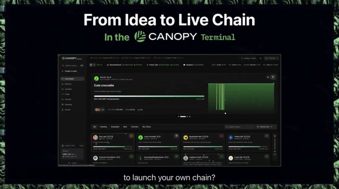 A promotional image showing a dark-themed blockchain interface called 'CANOPY' with the text 'From Idea to Live Chain' and 'to launch your own chain?' below it.