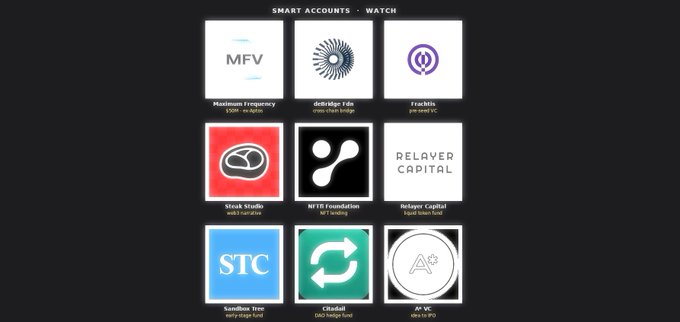 A dark-themed grid displays nine logos under the heading 'SMART ACCOUNTS - WATCH', including MFV, darkAlgo Films, Franklin, Steak Studio, NFTFI Foundation, Relayer Capital, Sundise Form, Global, and AP VC.