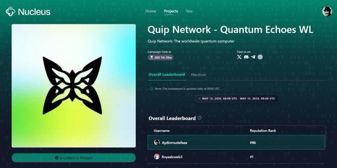 This image features a screenshot from the website Quip Network Quantum Echoes. The title "Quip Network Quantum Echoes" is prominently displayed, followed by an explanation that "The middle layer is where the bridge between producers and consumers is built". A butterfly graphic, possibly representing a molecule in a quantum context or a symbol related to Quantum Computing or Energy Transfer, can be seen on the left side of the image. The website also mentions a project called 'Overall Leaderboard'.