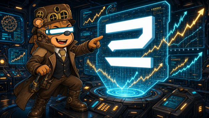 A cartoon bear in steampunk goggles and a coat points excitedly at a glowing digital display showing a stock chart with a large '?' symbol.