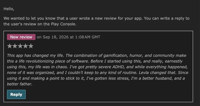 A Google Play Console notification about a new 5-star review for an app, with text praising its gamification and community for helping manage ADHD.