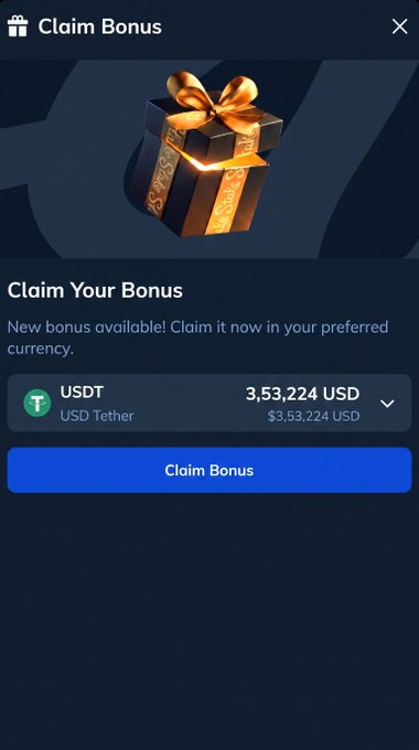 A "Claim Bonus" pop-up window showing a USDT Tether reward of $3,53,224 USD with a gold gift box graphic and a blue "Claim Bonus" button. This appears to be a giveaway promotion where users are directed to drop their wallet address, retweet, and follow the linked account to receive a bonus payout.