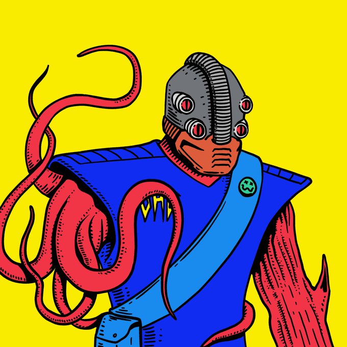 The image features a cartoon character with a blue shirt, red hair, and a large headband that has multiple tentacles attached to it. The character appears to be wearing a backpack and holding a gun. The background of the image is yellow, which contrasts with the colorful attire of the character. There are no texts or other objects in the image besides the character itself.