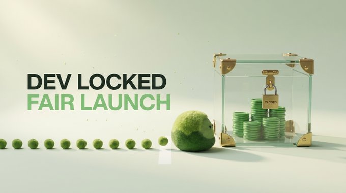 A promotional image featuring the text 'DEV LOCKED FAIR LAUNCH' alongside a glass display case filled with green tokens labeled 'CLOSED', next to a moss-like ball.