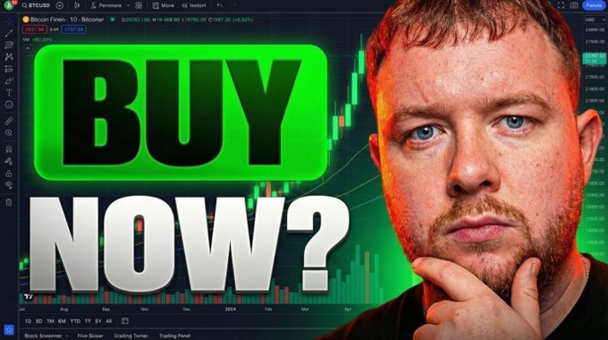 A thumbnail featuring a man with a thoughtful expression alongside a Bitcoin Futures chart on BTCUSD with a glowing green "BUY NOW?" sign, promoting a YouTube video about a Bitcoin price pump.