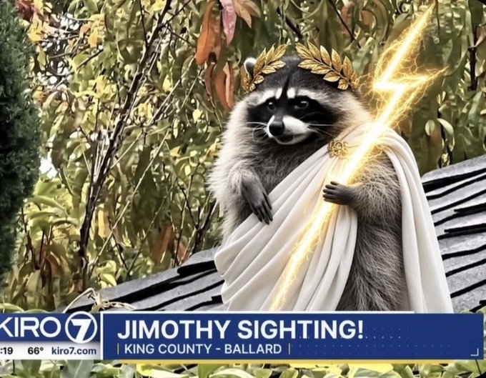 A news broadcast screenshot from KIRO 7 showing a raccoon dressed in a white toga and golden laurel wreath, holding a lightning bolt, with the headline "JIMOTHY SIGHTING!" and location "KING COUNTY - BALLARD".