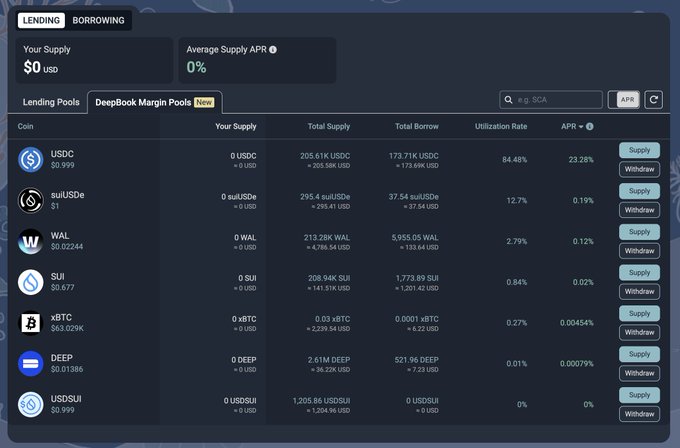 A cryptocurrency lending and borrowing dashboard shows various assets like USDC, sulUSDe, WAL, SUI, xBTC, and DEEP with their total supply and borrow rates.