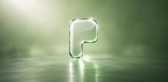 A 3D rendering of a transparent glass letter 'P' on a green surface with a light flare.