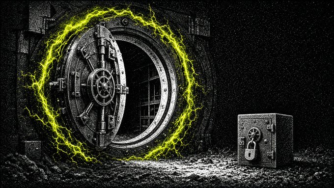 A dramatic illustration of a heavy metal vault door surrounded by glowing green energy rings, with a small locked safe sitting on the ground to the right.