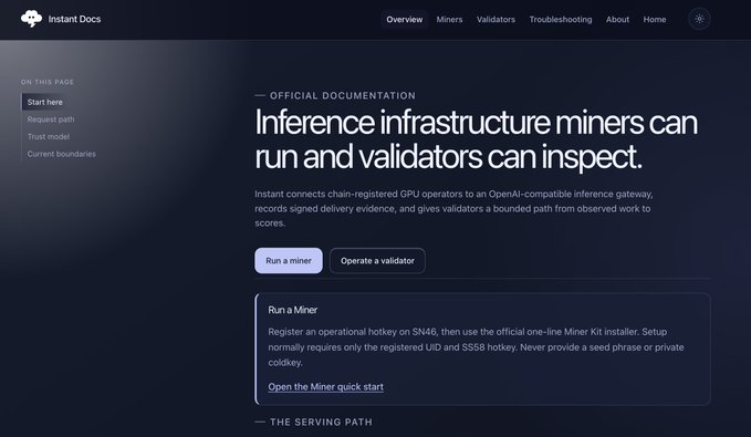 The image shows the Instant Docs landing page, featuring official documentation titled "Inference infrastructure miners can run and validators can inspect." It highlights onboarding options with "Run a miner" and "Operate a validator" buttons, along with a quick-start guide for miners using the official Miner Kit installer on SN46—directly supporting the announcement that Miners and Validators can now join Instant.