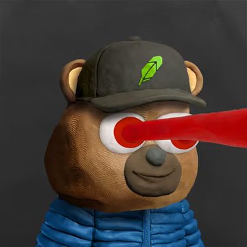 A close-up 3D render of a brown teddy bear character wearing a cap with a green arrow logo, featuring a red laser beam shooting from one eye against a dark gray background.