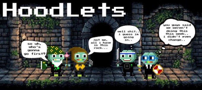 A pixel art comic titled 'HoodLets' showing four zombie-like characters in a stone dungeon, with speech bubbles debating who goes first and complaining about weekly schedule changes.