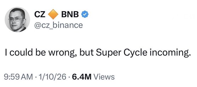 The image features a man with glasses, who appears to be a Twitter user or a social media account creator. The post includes a humorous statement about Bitcoin and the Super Cycle, which has been shared by CZ Binance founder $XRP. The post is accompanied by an image of the founder's face on the left side of the post.