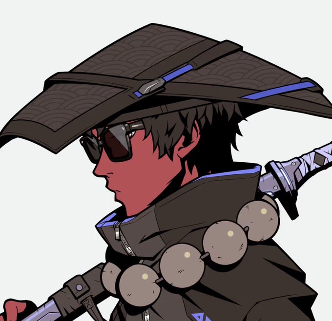 Anime-style illustration of a character wearing a large traditional hat, sunglasses, and dark clothing with large prayer beads, carrying a sword.