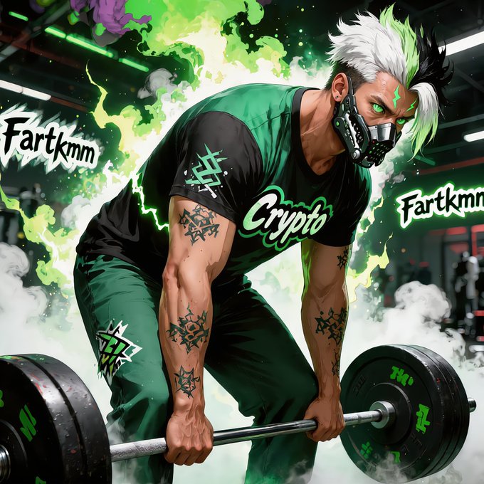 An illustrated character with white hair, a mask, and green clothing lifts a barbell, surrounded by green energy and the word 'Crypto', with 'Fartkmn' watermarks visible.